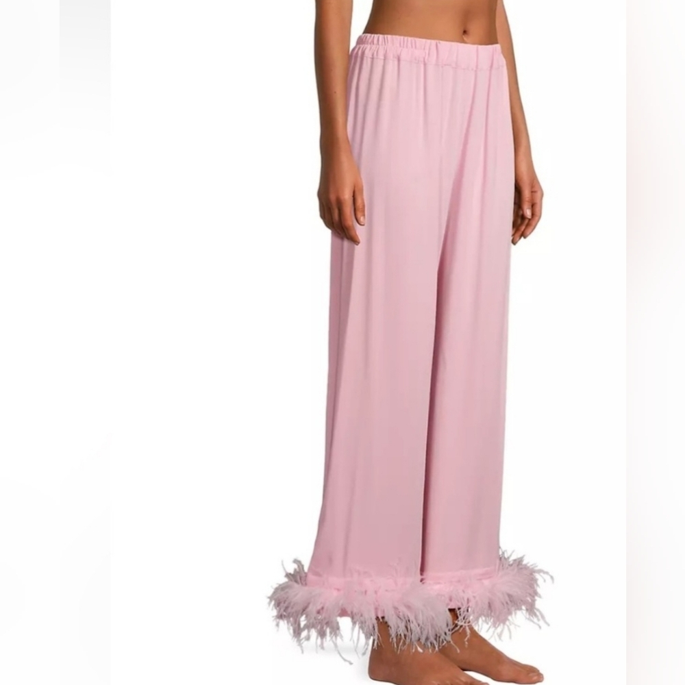 NWT Sleeper The Party Pajamas Pants XS/S Pink Turkey Feathers Trimmed PJ Satin